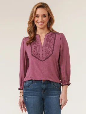 3/4 Blouson Sleeve Embroidered Ruffle Edge Petite Knit Top