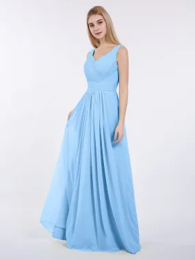 A-line Chiffon Floor Length V Neck Dresses Blue