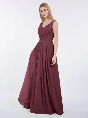 A-line Chiffon Floor Length V Neck Dresses Cabernet