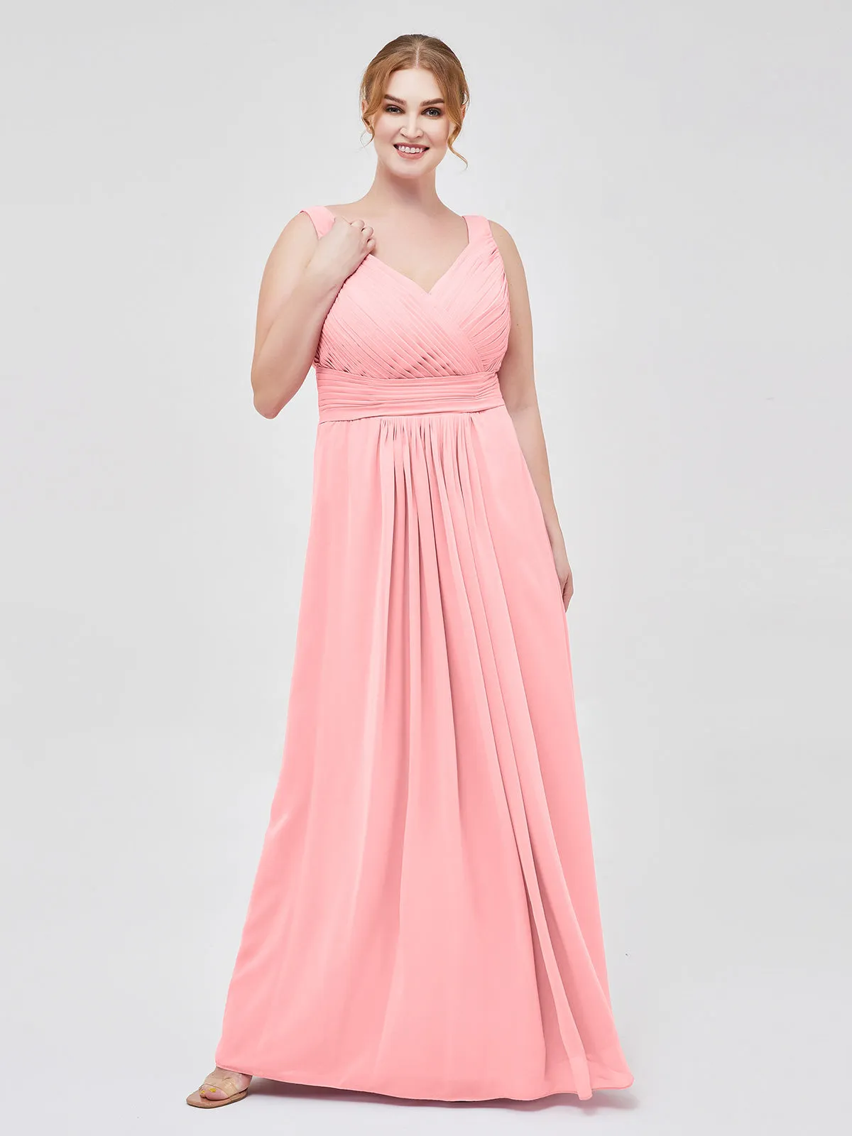 A-line Chiffon Floor Length V Neck Dresses Flamingo Plus Size