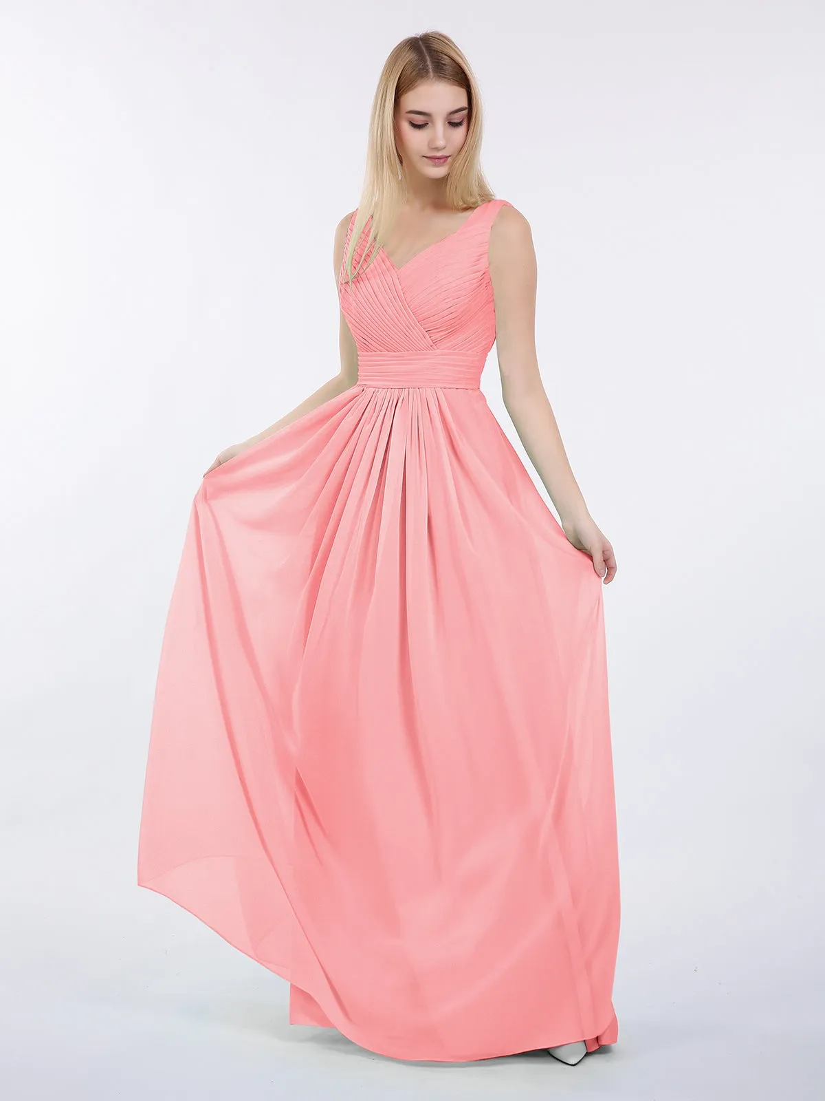 A-line Chiffon Floor Length V Neck Dresses Flamingo