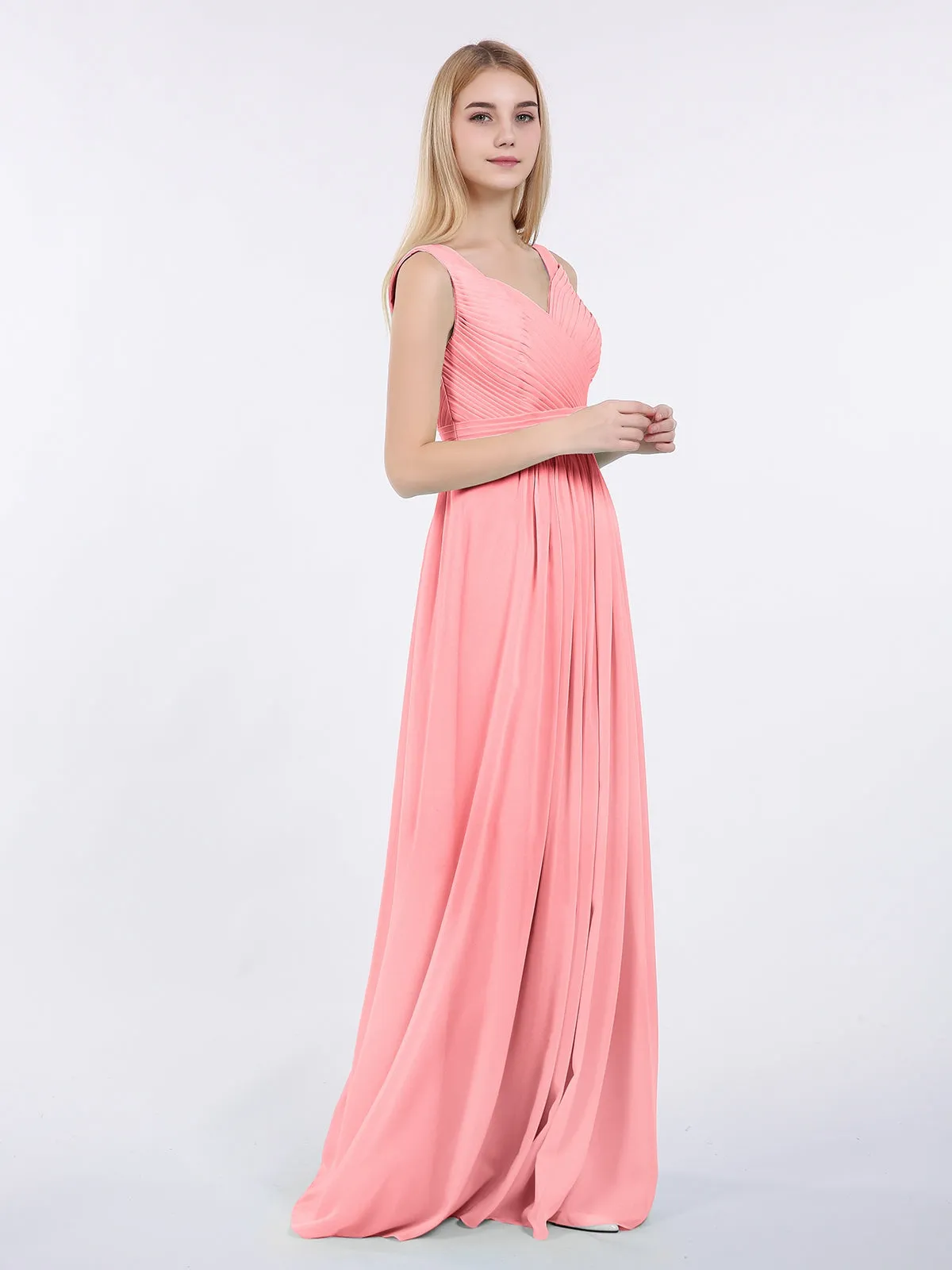 A-line Chiffon Floor Length V Neck Dresses Flamingo