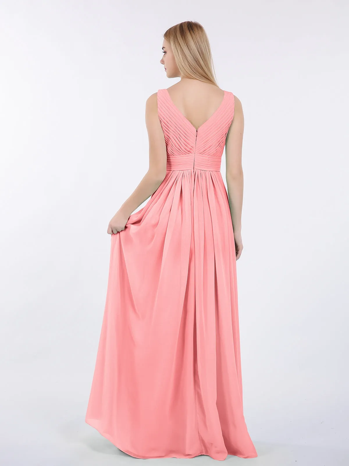 A-line Chiffon Floor Length V Neck Dresses Flamingo