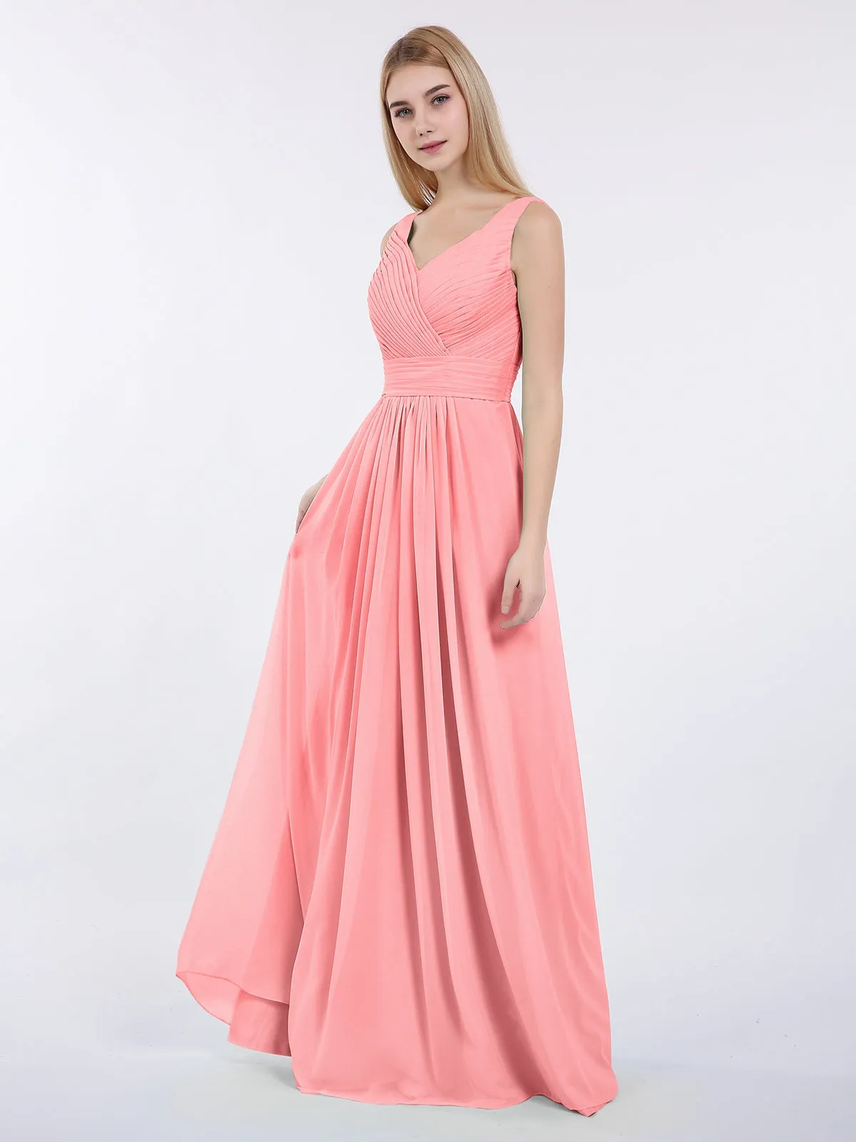 A-line Chiffon Floor Length V Neck Dresses Flamingo