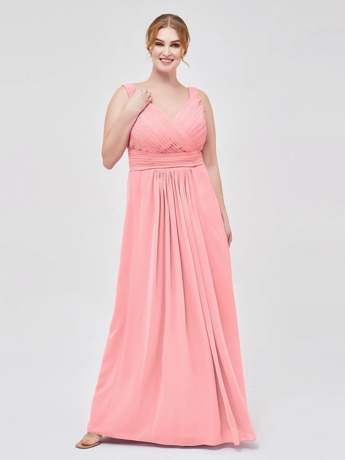 A-line Chiffon Floor Length V Neck Dresses Flamingo