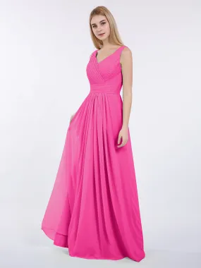 A-line Chiffon Floor Length V Neck Dresses Fuchsia