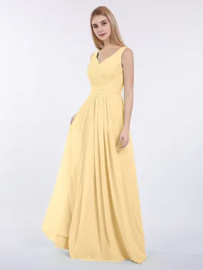 A-line Chiffon Floor Length V Neck Dresses Gold