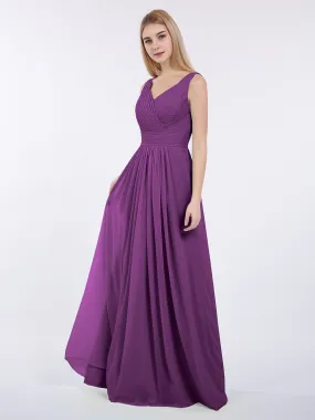 A-line Chiffon Floor Length V Neck Dresses Grape