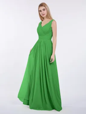 A-line Chiffon Floor Length V Neck Dresses Green