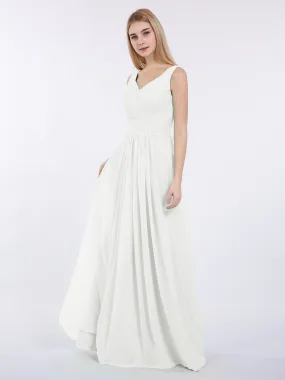 A-line Chiffon Floor Length V Neck Dresses Ivory