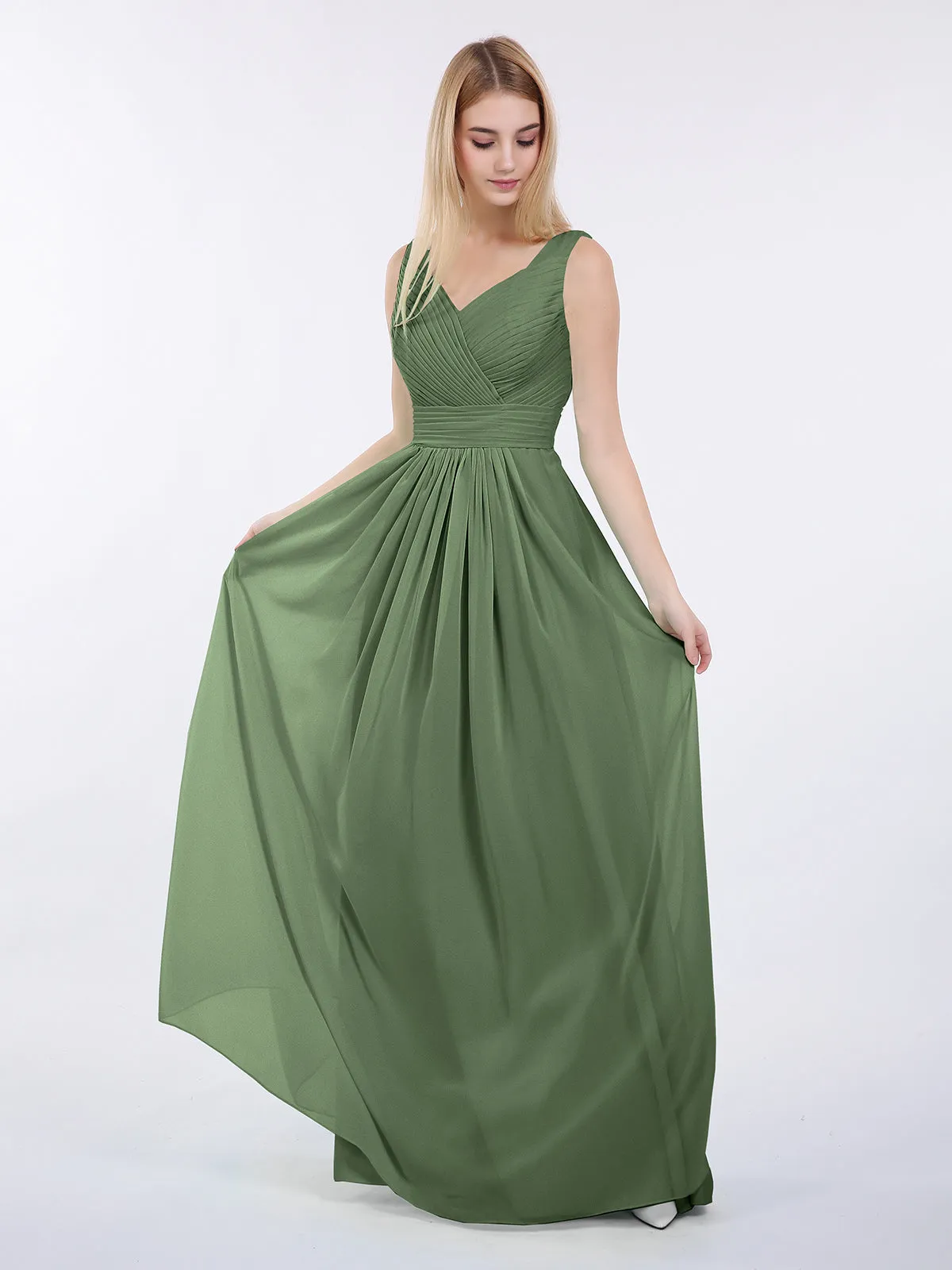 A-line Chiffon Floor Length V Neck Dresses Olive Green