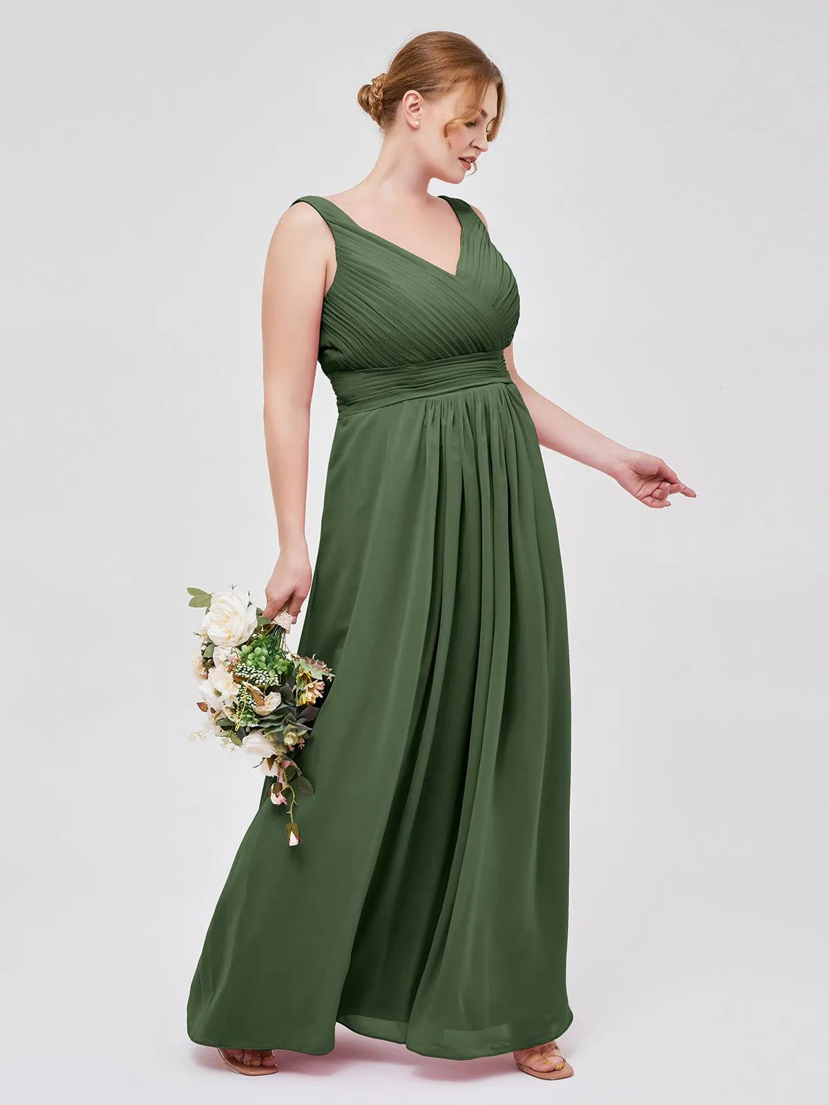 A-line Chiffon Floor Length V Neck Dresses Olive Green