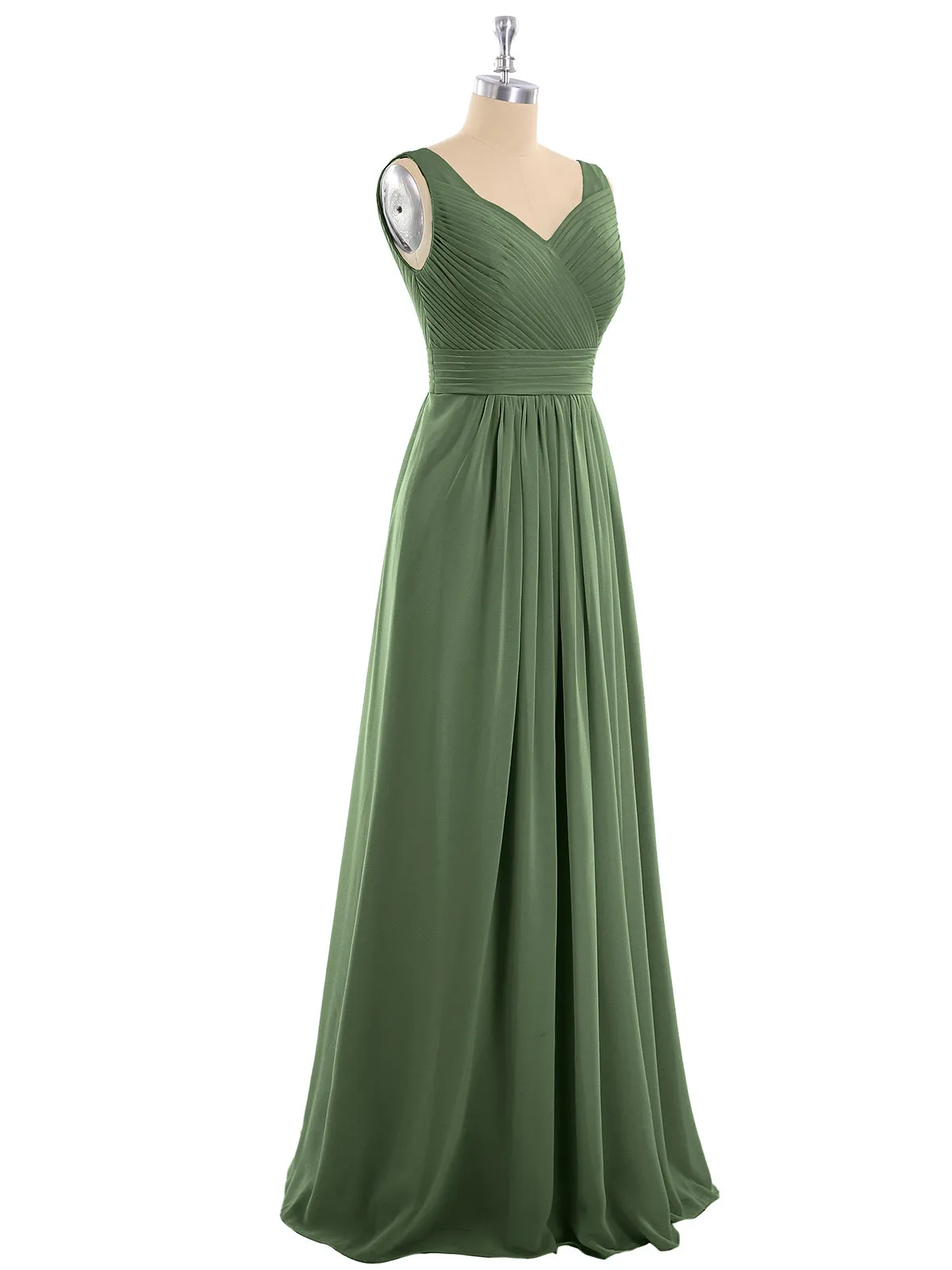 A-line Chiffon Floor Length V Neck Dresses Olive Green