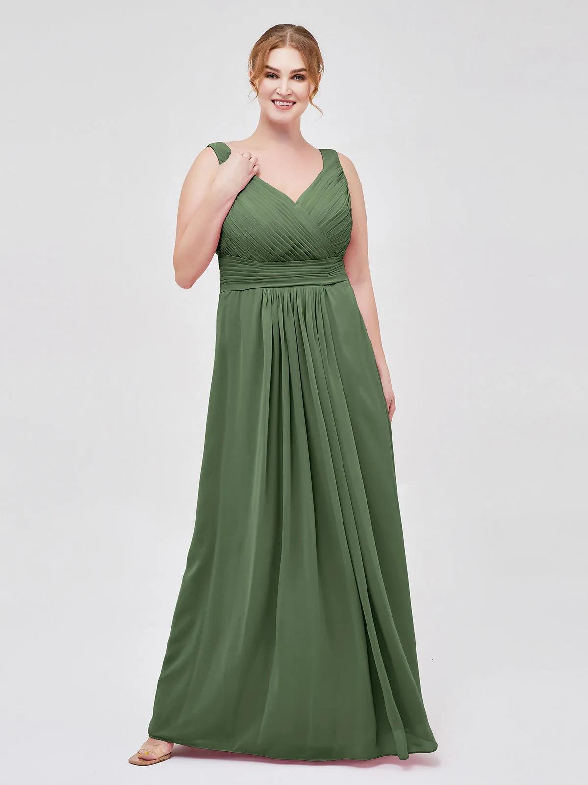 A-line Chiffon Floor Length V Neck Dresses Olive Green