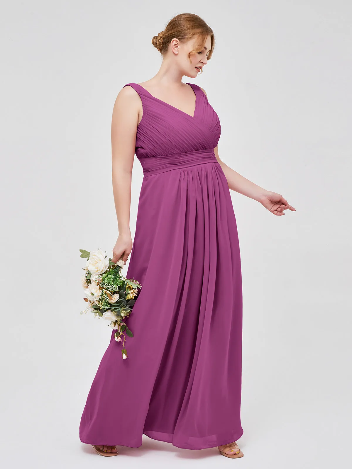 A-line Chiffon Floor Length V Neck Dresses Orchid Plus Size