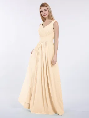 A-line Chiffon Floor Length V Neck Dresses Peach