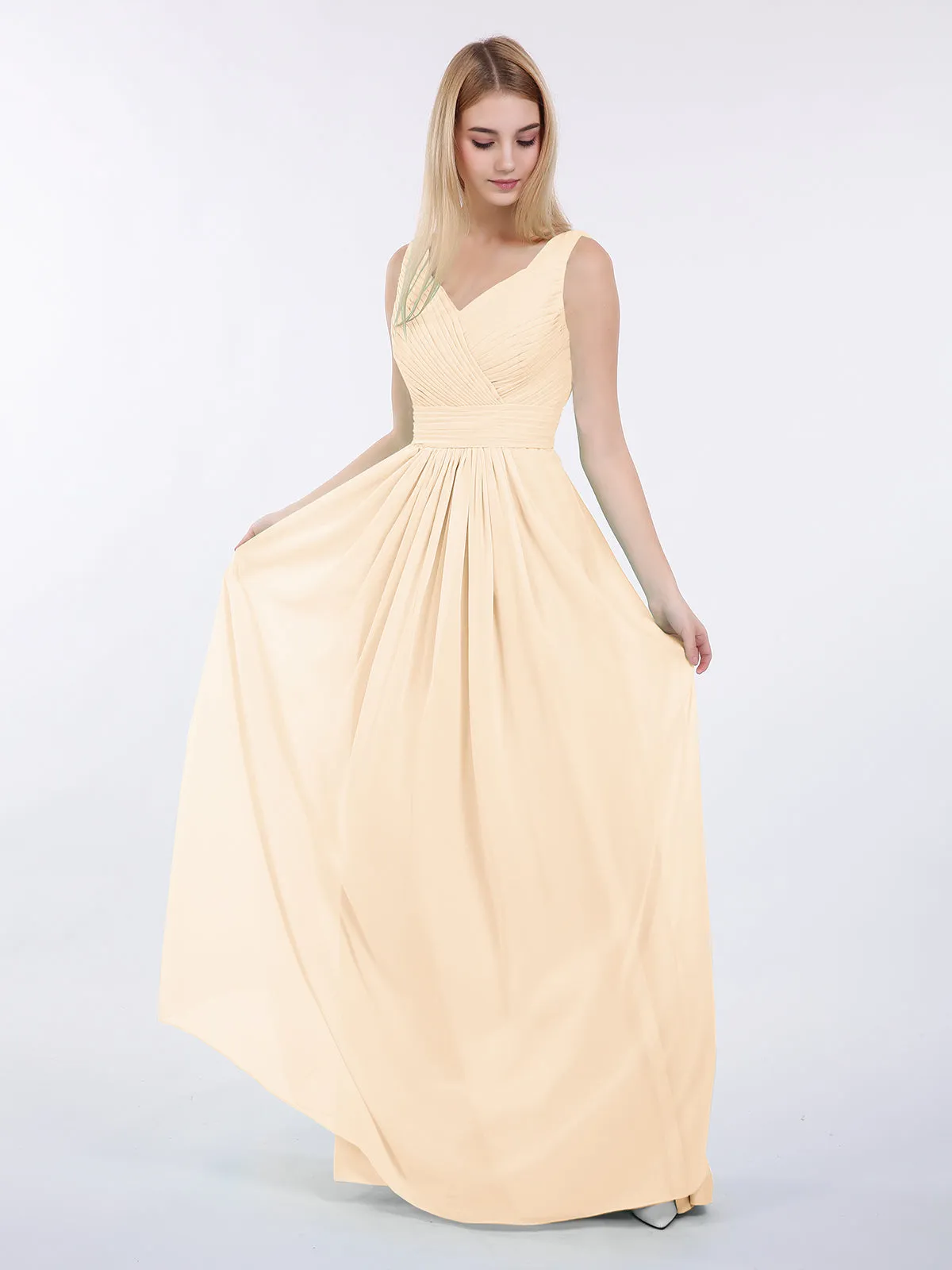 A-line Chiffon Floor Length V Neck Dresses Peach