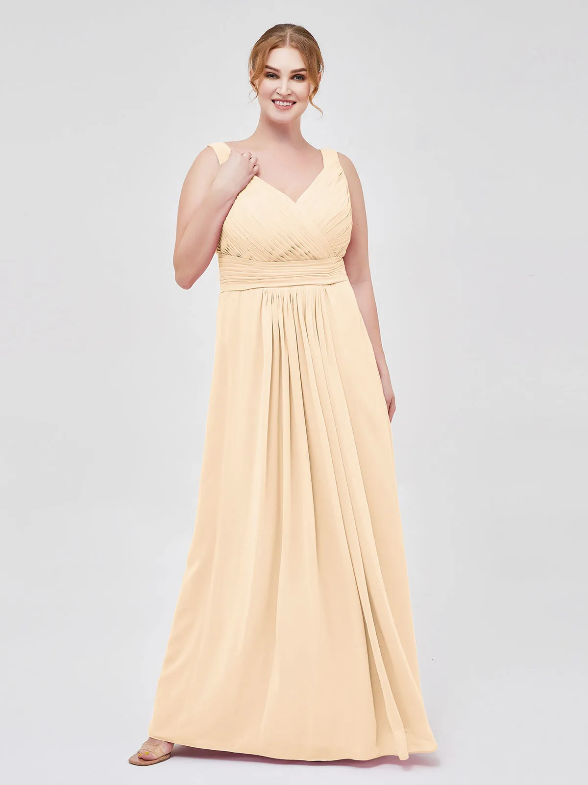 A-line Chiffon Floor Length V Neck Dresses Peach