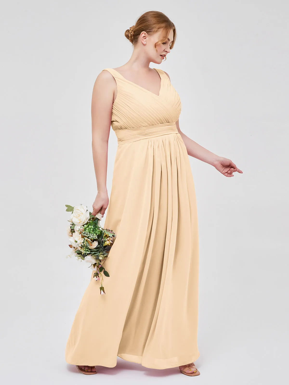 A-line Chiffon Floor Length V Neck Dresses Peach