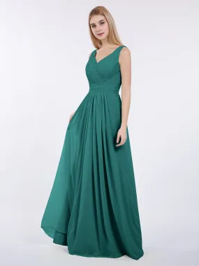 A-line Chiffon Floor Length V Neck Dresses Peacock