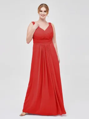 A-line Chiffon Floor Length V Neck Dresses Red Plus Size