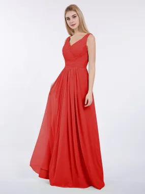 A-line Chiffon Floor Length V Neck Dresses Red