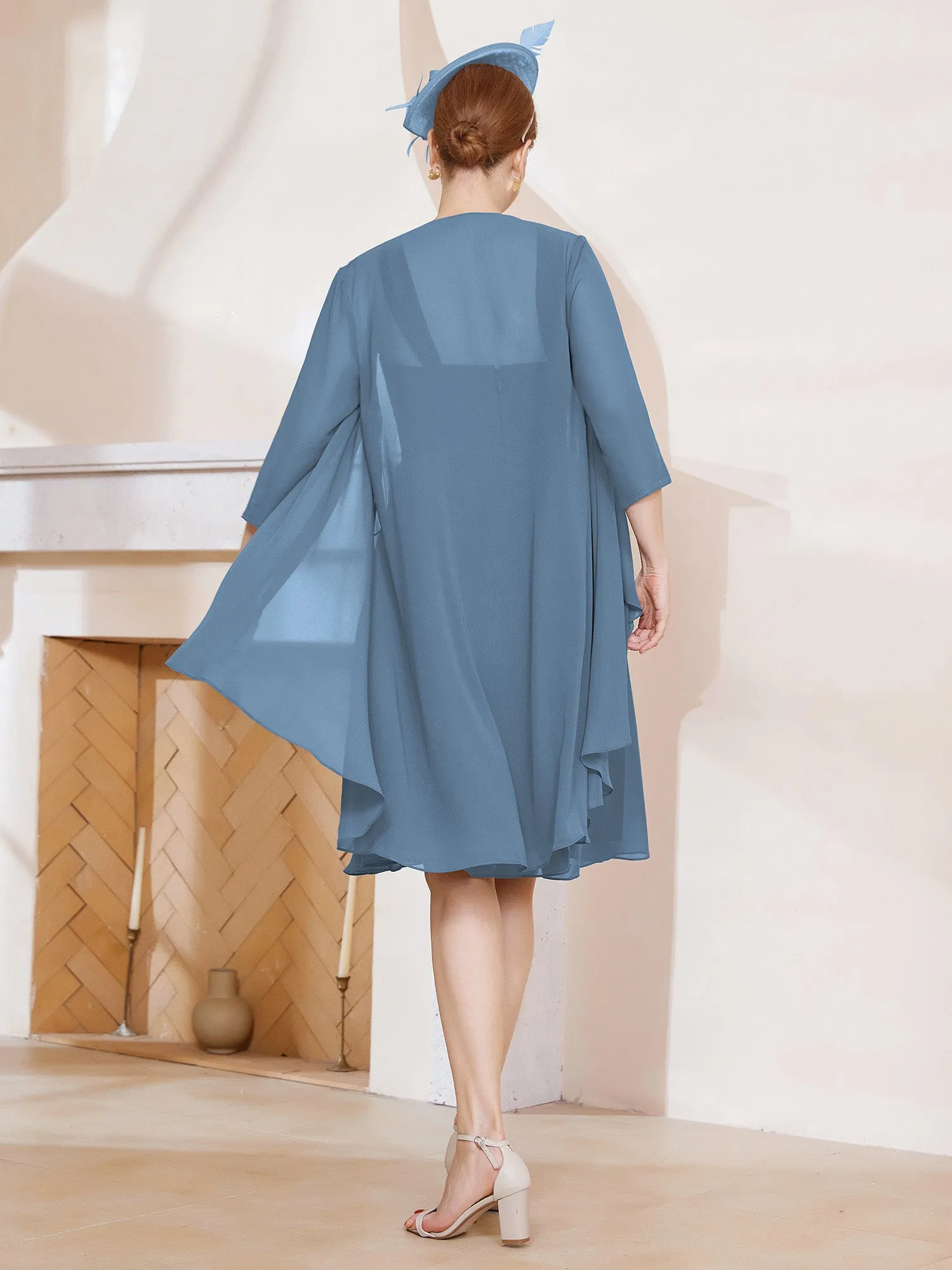 A-Line Chiffon Knee-length Dress With Jacket Slate Blue