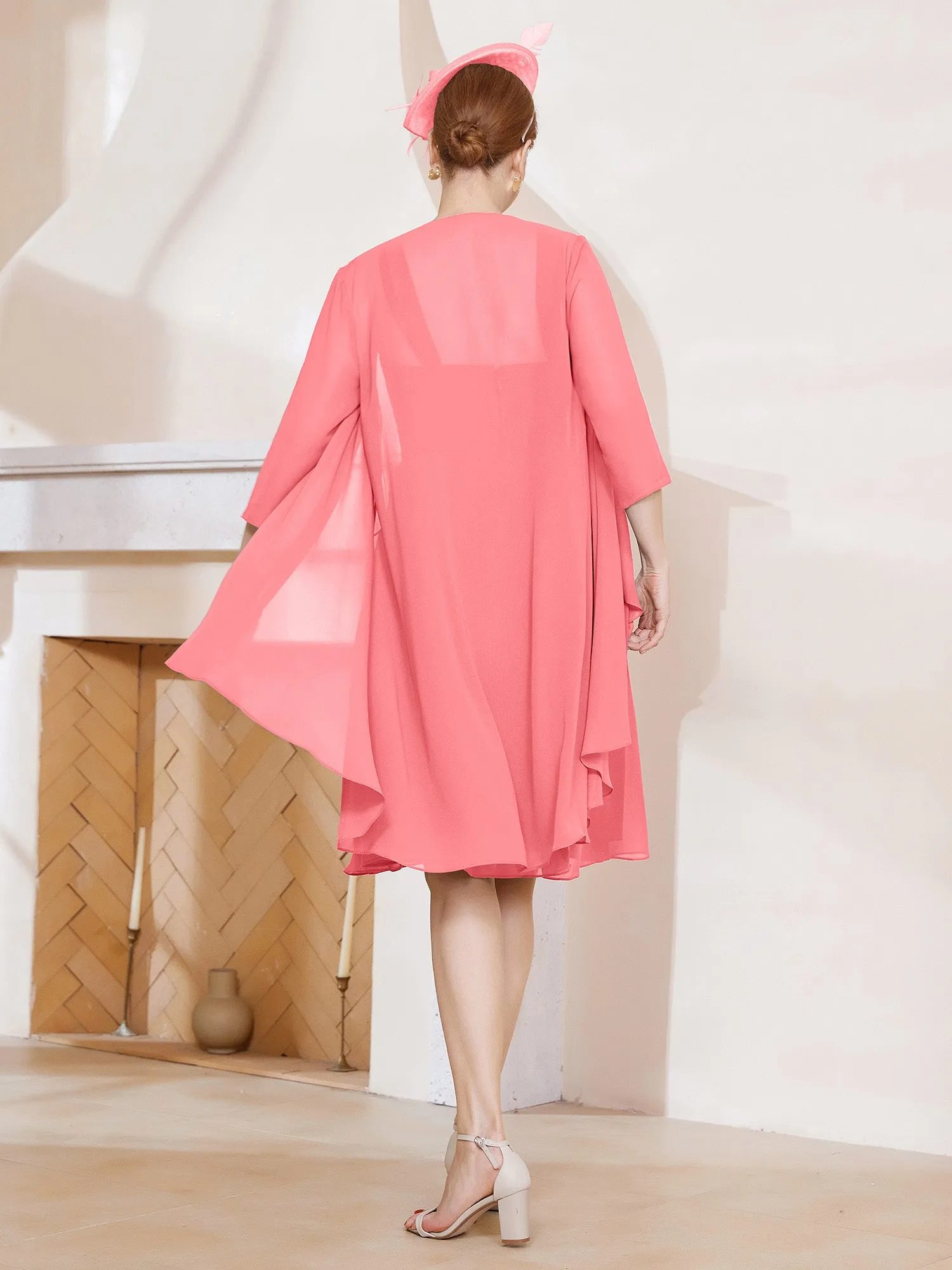 A-Line Chiffon Knee-length Dress With Jacket Watermelon