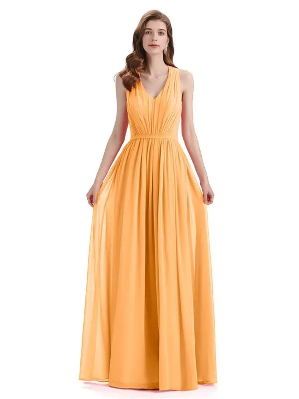 A-Line Sleeveless Pleats Chiffon Cheap Long Bridesmaid Dresses