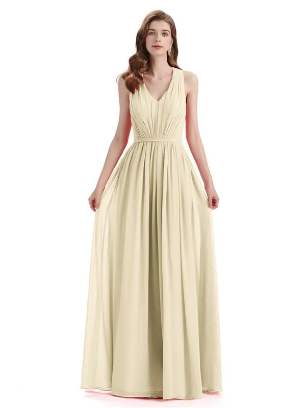 A-Line Sleeveless Pleats Chiffon Cheap Long Bridesmaid Dresses