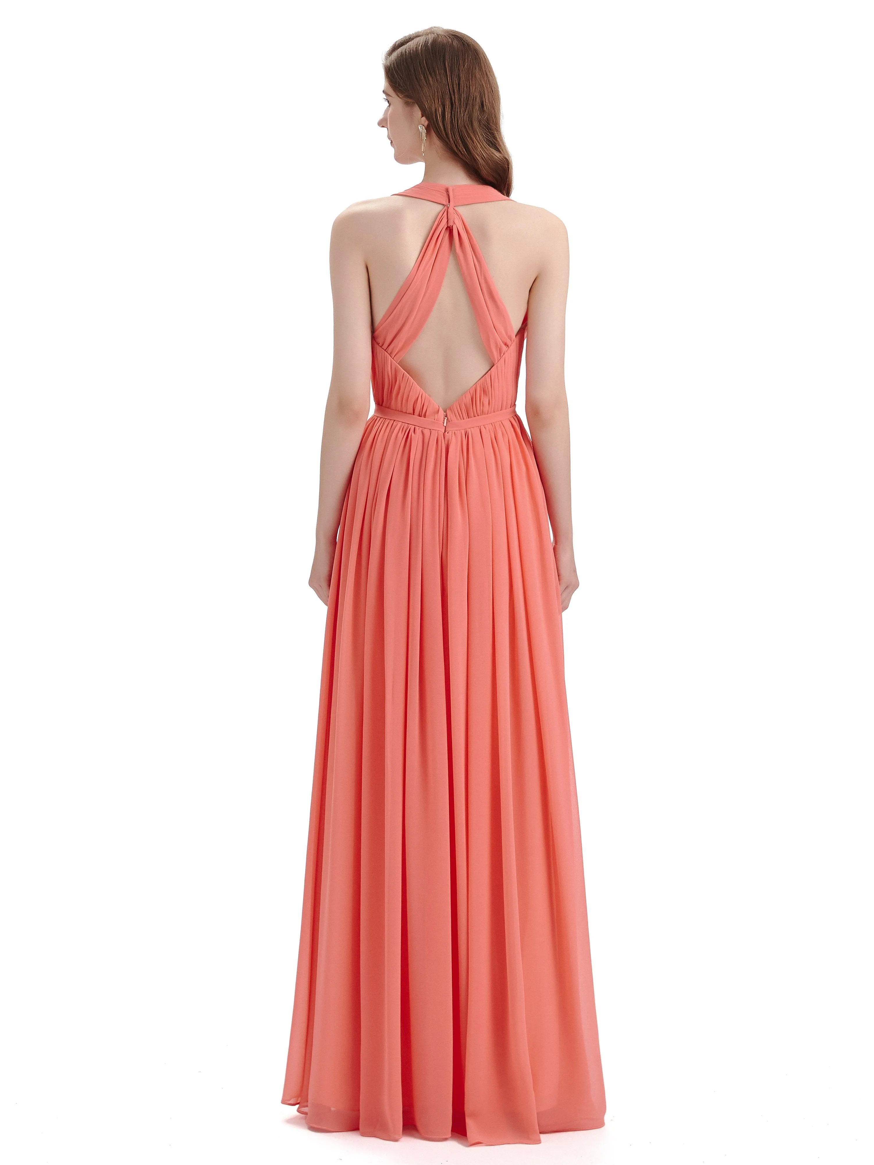 A-Line Sleeveless Pleats Chiffon Cheap Long Bridesmaid Dresses