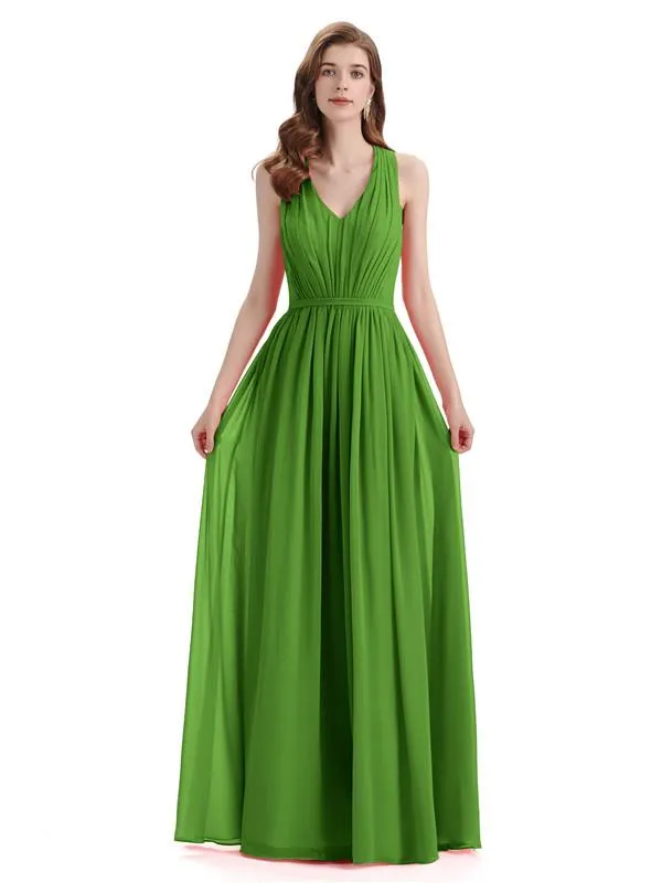 A-Line Sleeveless Pleats Chiffon Cheap Long Bridesmaid Dresses