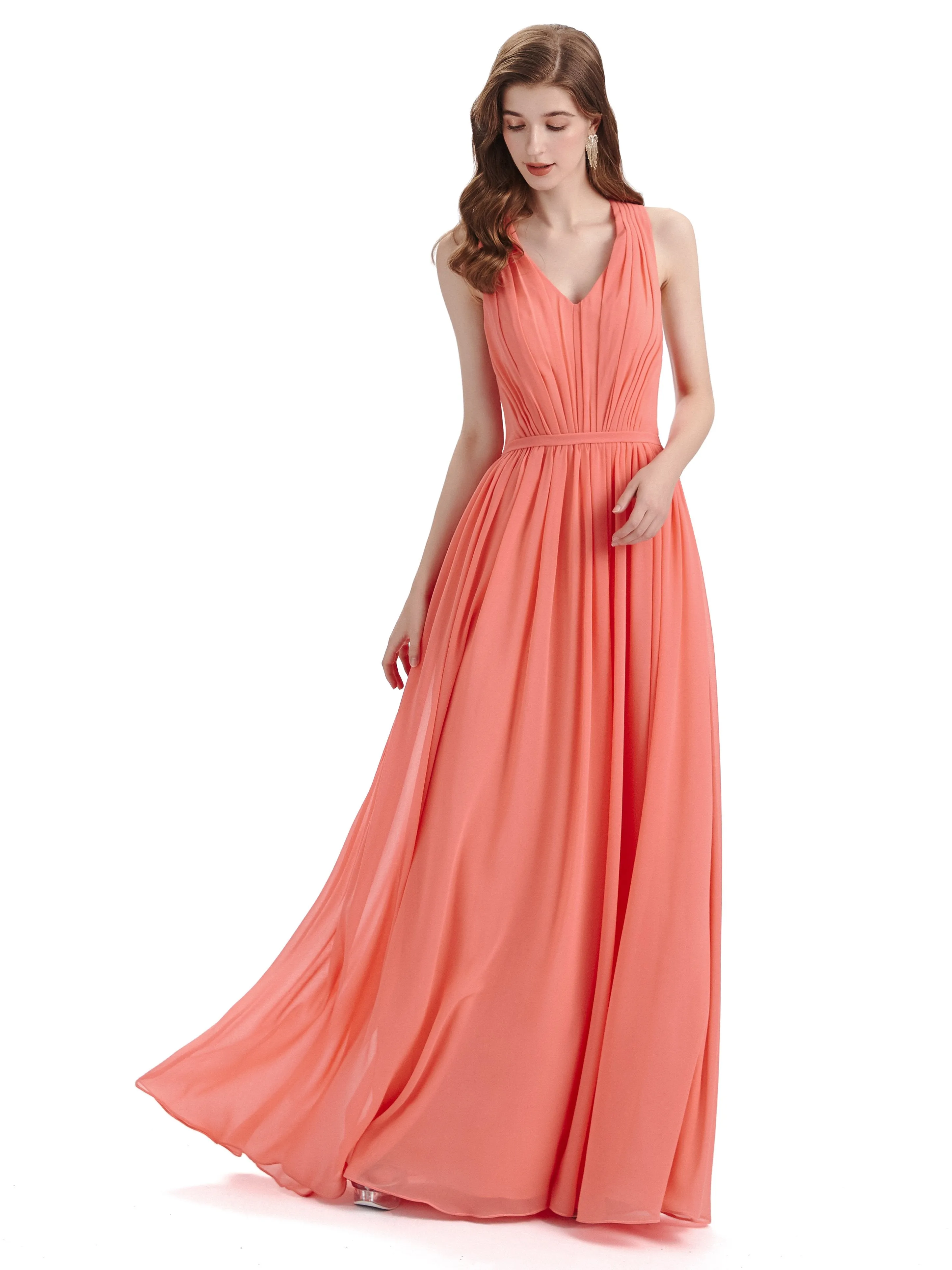 A-Line Sleeveless Pleats Chiffon Cheap Long Bridesmaid Dresses