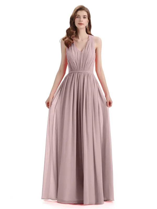 A-Line Sleeveless Pleats Chiffon Cheap Long Bridesmaid Dresses