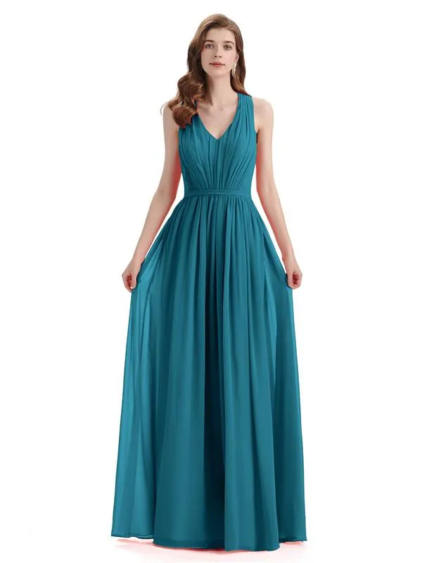 A-Line Sleeveless Pleats Chiffon Cheap Long Bridesmaid Dresses