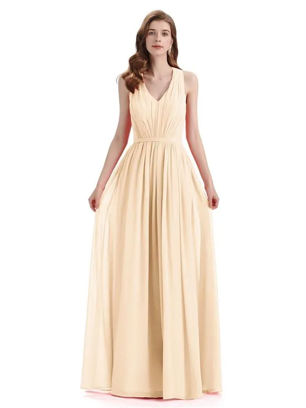 A-Line Sleeveless Pleats Chiffon Cheap Long Bridesmaid Dresses