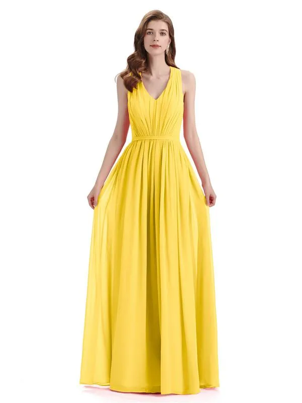 A-Line Sleeveless Pleats Chiffon Cheap Long Bridesmaid Dresses