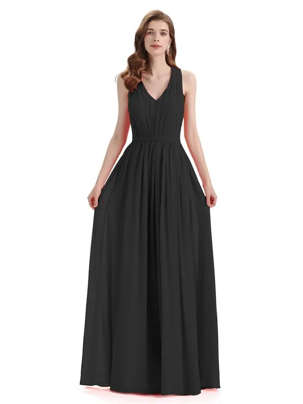 A-Line Sleeveless Pleats Chiffon Cheap Long Bridesmaid Dresses