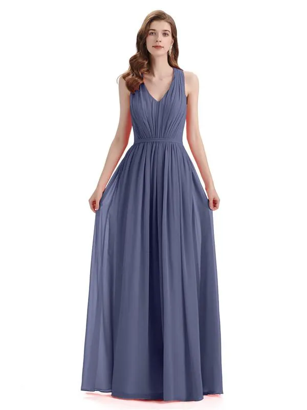 A-Line Sleeveless Pleats Chiffon Cheap Long Bridesmaid Dresses