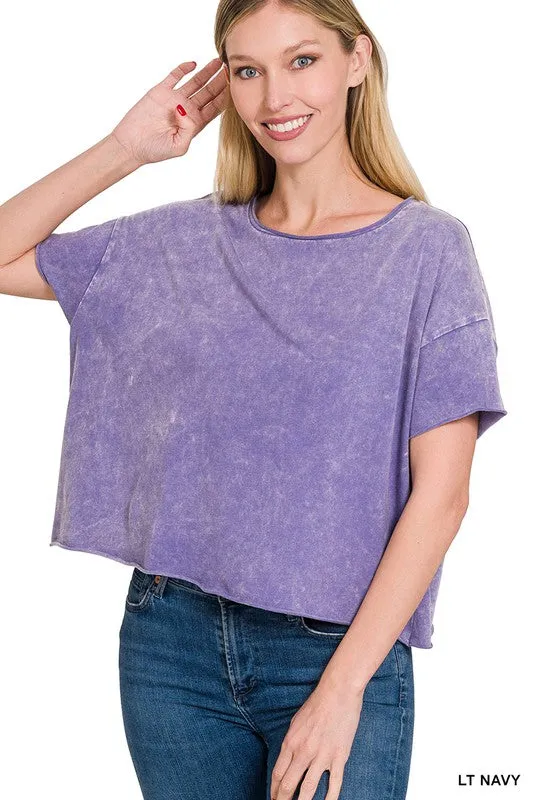 Acid Wash Raw Edge Short Sleeve Crop Top - online exclusive