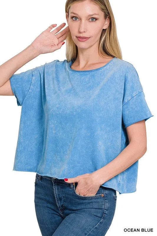 Acid Wash Raw Edge Short Sleeve Crop Top - online exclusive