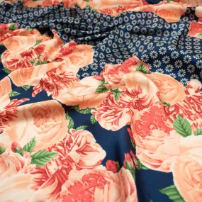 Amarylis Printed Satin Design-45 Border Coral Flowers on Navy