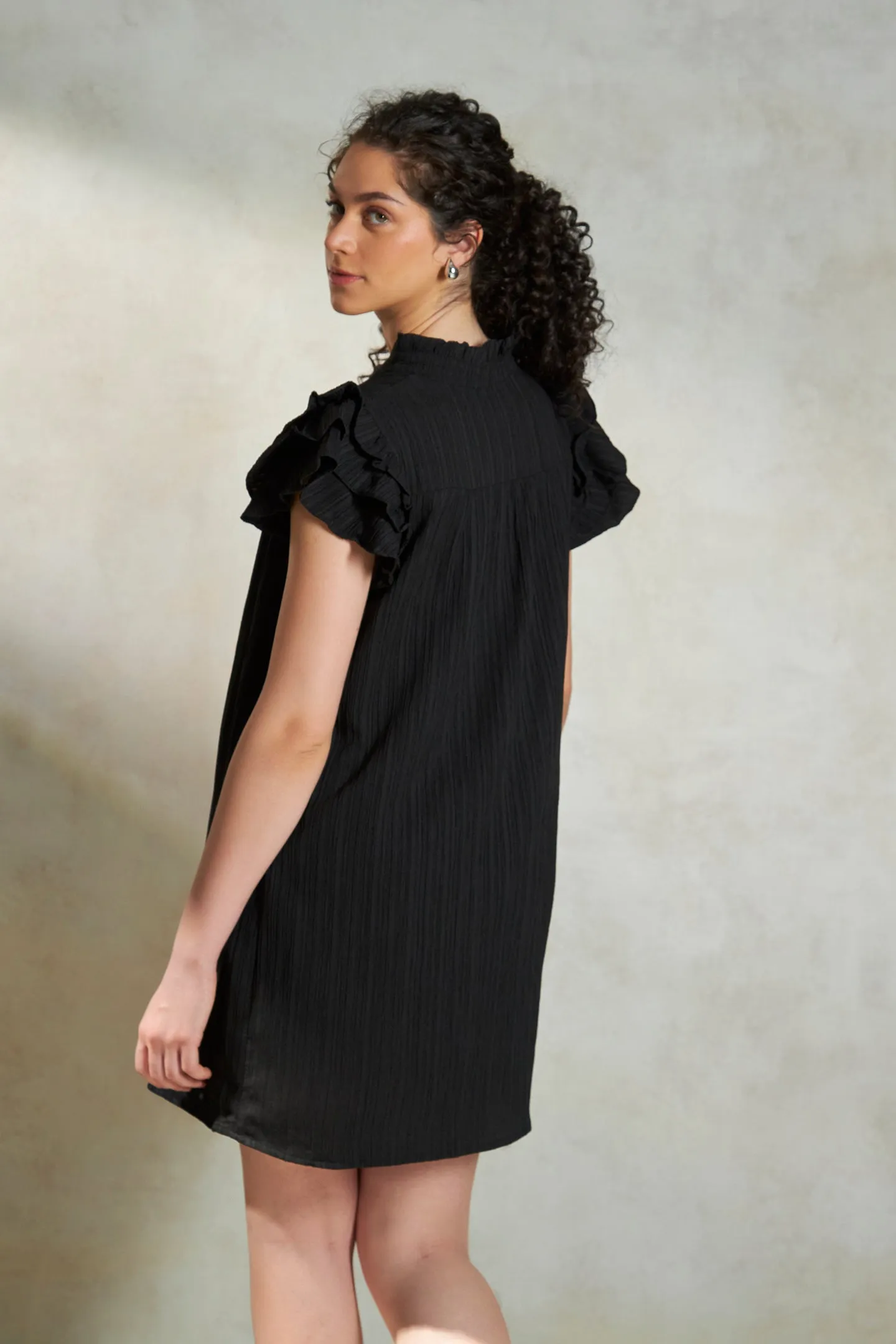 Aries |Breathable Poly Crinkle Ruffled Sleeve Dress