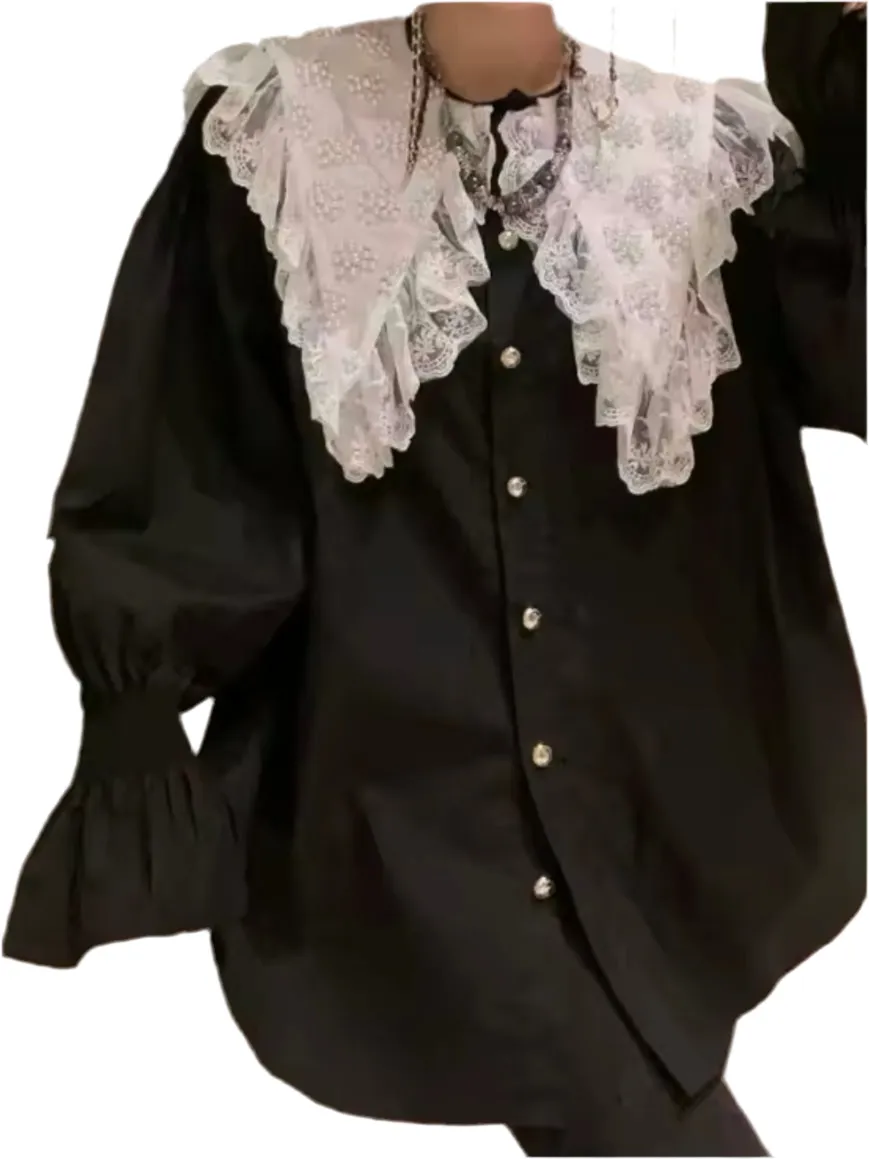 Black and white lace hem shirt long sleeves