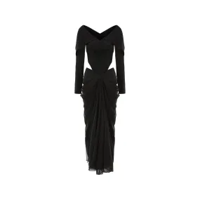 Black Lapel Waistless Pleated Hem Dress