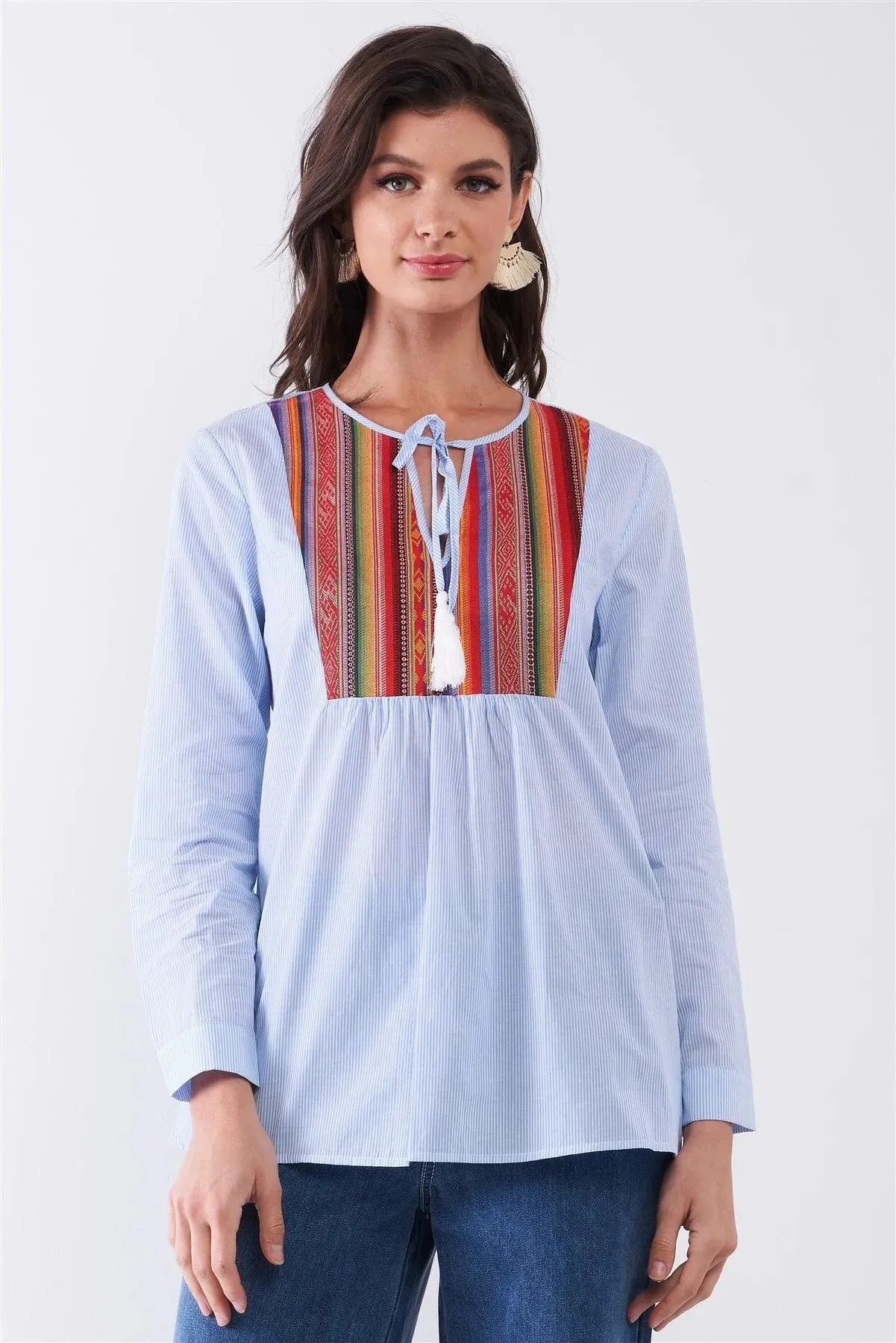 Blue Striped Multicolor Embroidery Front Trim Self-Tie Round Neck Long Sleeve Shirt /1-2-2-1