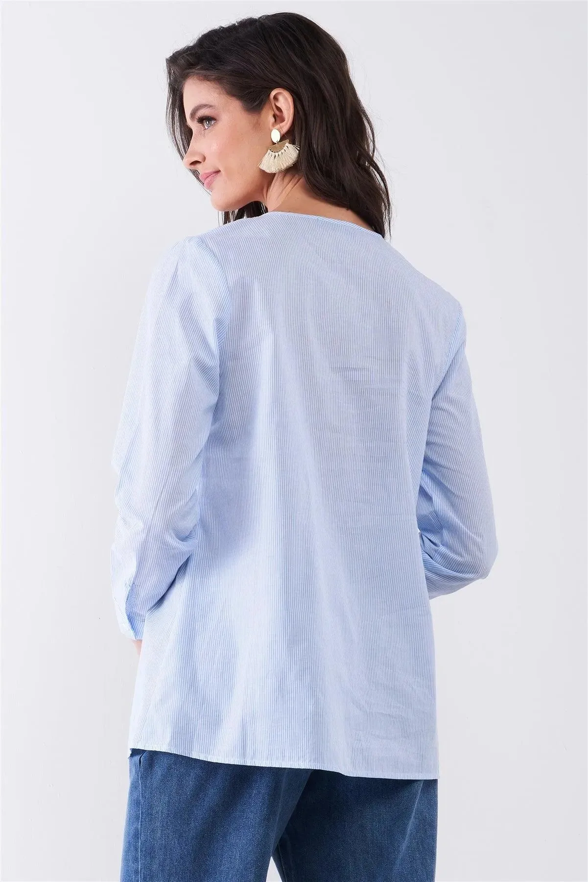 Blue Striped Multicolor Embroidery Front Trim Self-Tie Round Neck Long Sleeve Shirt /1-2-2-1