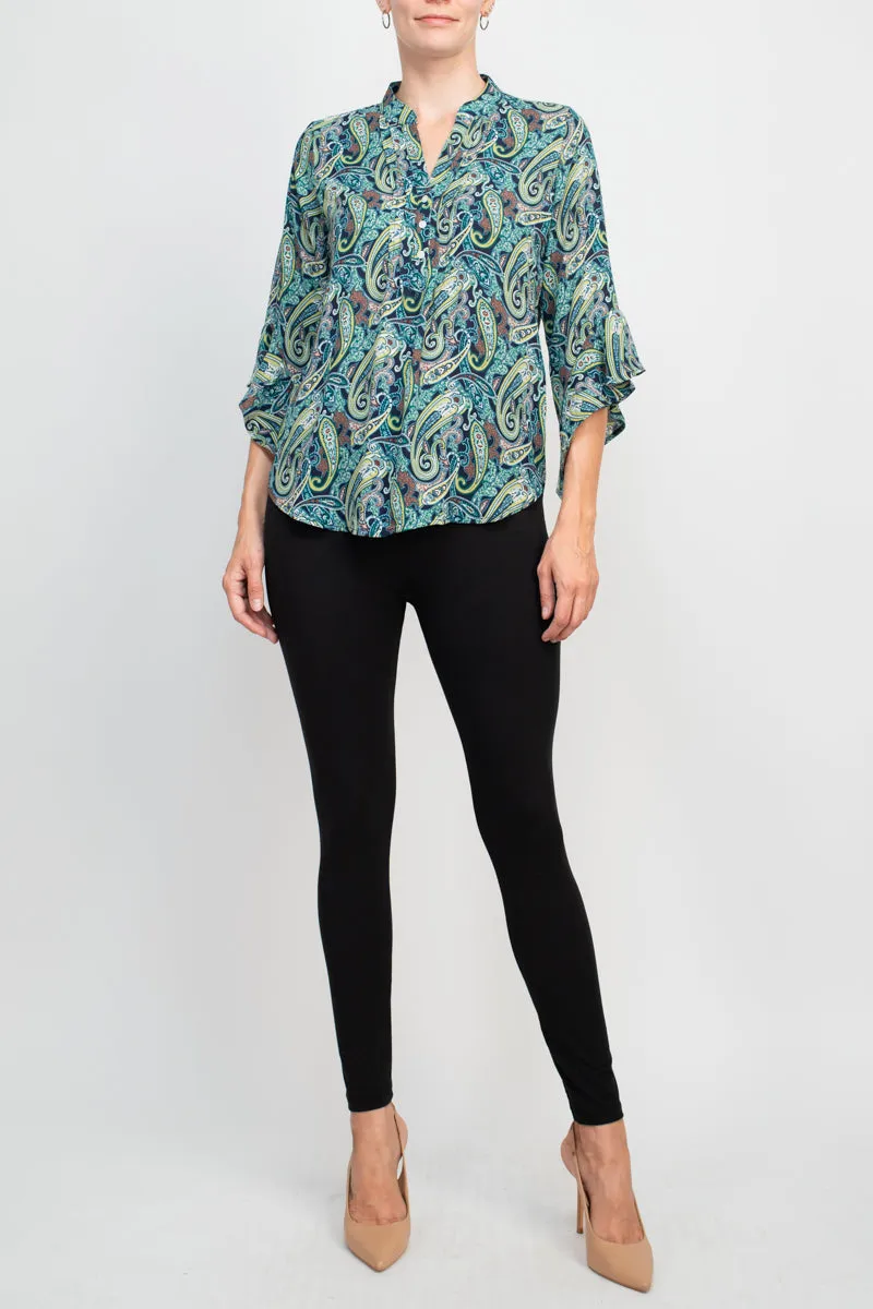 Counterparts split neck button ruffle sleeve multi print chiffon blouse