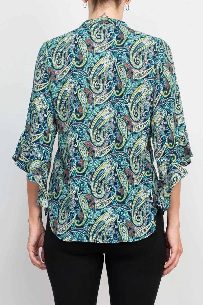 Counterparts split neck button ruffle sleeve multi print chiffon blouse