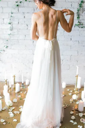 Deep V neck Spaghetti Strap Chiffon Beach Backless Wedding Dress